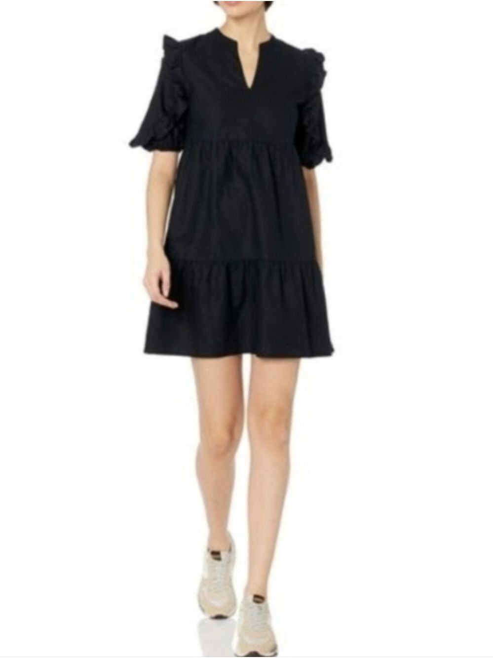 Goodthreads Women's Black Midi Dress Ruffle Sleeve V Neck Tiered Casual, Large
